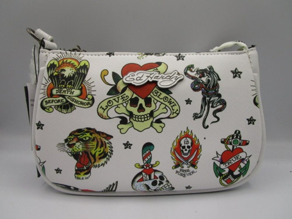 Ed Hardy White Wristlet Purse‎ Bag Love Kills Slowly Tattoo Print Biker Y2K